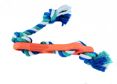Colorful dog toy with rope and bone-shaped handle on a white background