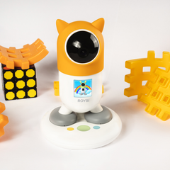Toy robot with a colorful design on a white background