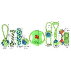 Set of dog toys with measurements on a white background
