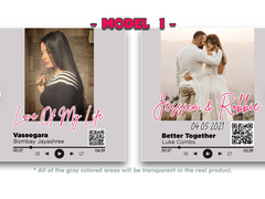Two picture designs with text and QR codes on a white background