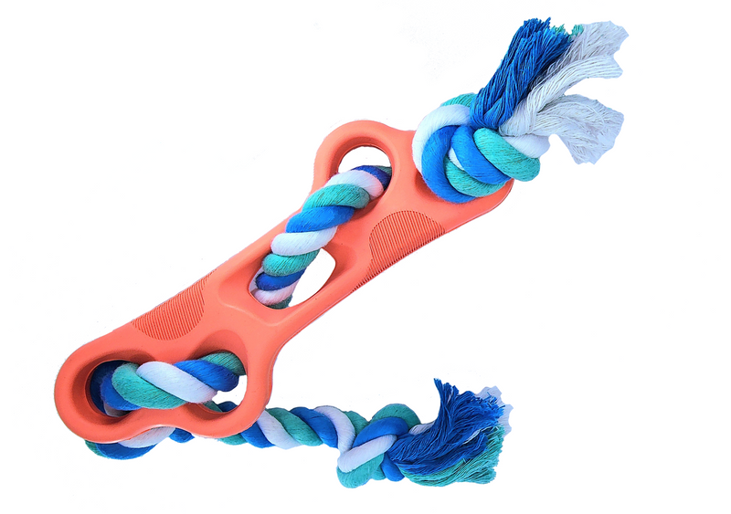 Dog toy with red-orange handle and blue, green, and white rope on a white background
