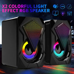 Two RGB speakers with colorful light effects on a dark background