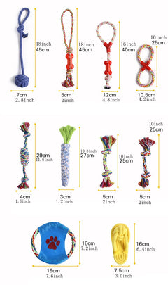 Various dog toys with measurements displayed on a white background