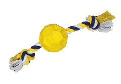 Dog toy with a yellow ball and blue and white rope on a white background