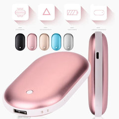 Rose gold handheld warmer with color options and features on a white background