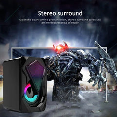 Gaming speaker with a robot figure in the background, emphasizing stereo surround sound feature.