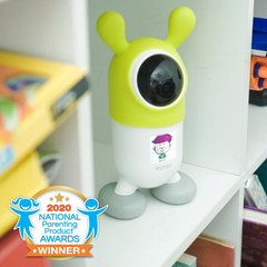 Green and white robot-like device on a shelf with a 2020 National Parenting Product Awards winner badge.