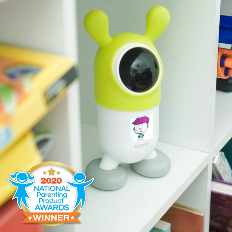 Green and white robot-like device on a shelf with a 2020 National Parenting Product Awards winner badge.
