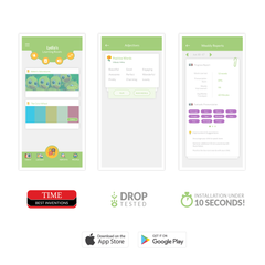 Three smartphone screens displaying app interfaces with app store download icons below.