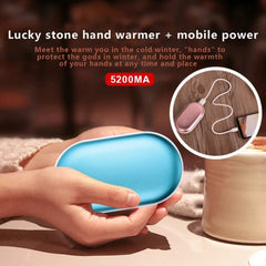 Blue hand warmer being held by a person with text about its functions and power capacity.