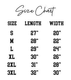 Size chart for clothing with measurements in inches