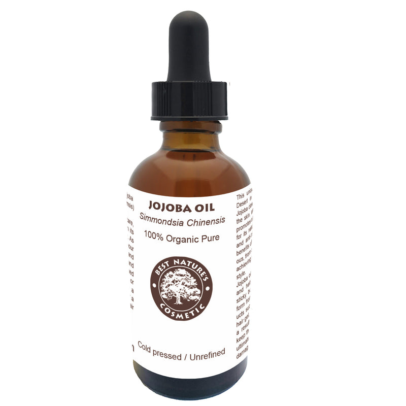 Jojoba oil bottle with dropper on a white background