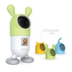 Toy robot with changeable hats on a white background