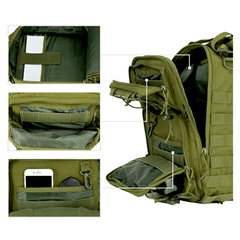 Green tactical backpack with multiple compartments and features highlighted