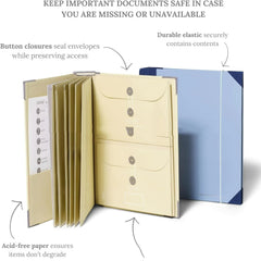 Document organizer with button closures and acid-free paper on a white background