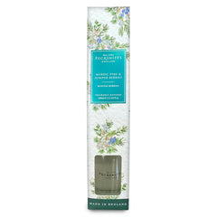 Fragrance diffuser packaging with floral design and text on a white background
