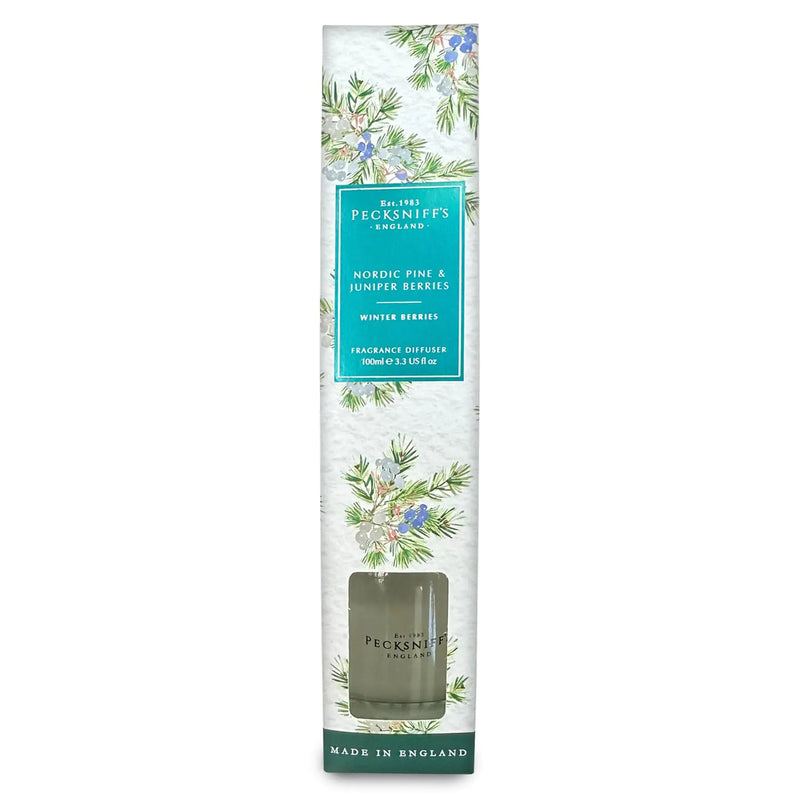 Fragrance diffuser packaging with floral design and text on a white background