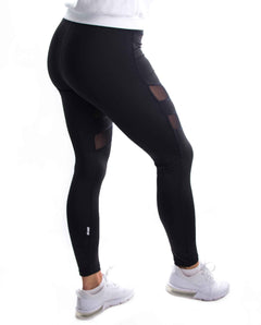 Black leggings with mesh panels worn by a person on a white background