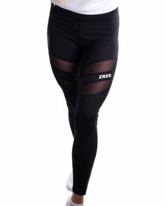 Black leggings with mesh panels and 'ZRED' branding on a white background