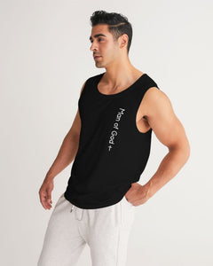 Man wearing a black tank top with visible branding on a light gray background