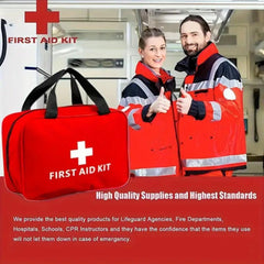 Two people in safety vests with a first aid kit with text about quality supplies and standards.