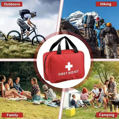 Red first aid kit with outdoor activities like hiking, biking, and family gatherings.