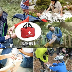 Collage of people using a first aid kit in various outdoor scenarios.