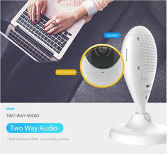 White speaker with camera and microphone labeled, next to a laptop and hands typing.