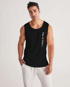 Man wearing a black tank top with text on a plain background