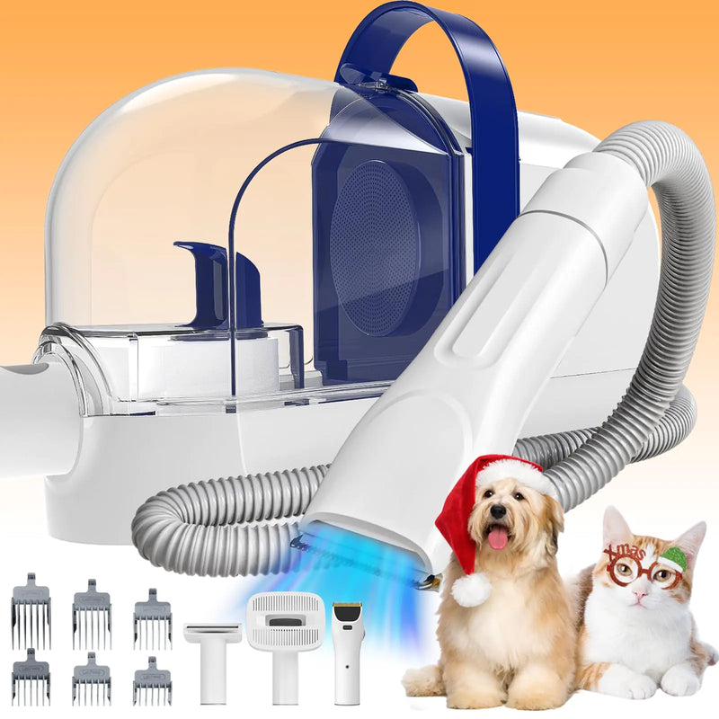 Pet grooming tool with attachments and a dog and cat sitting together on a gradient background
