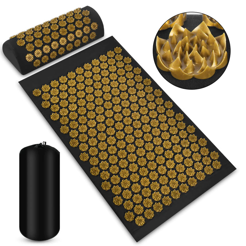 Black acupressure mat with gold nodes and black carry bag on a white background