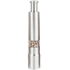 Silver pepper mill with a clear container on a white background