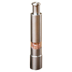Silver pepper grinder with pink Himalayan salt inside on a white background