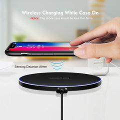 Wireless charging case with phone on a white background
