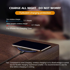 Wireless charger on a wooden surface with text about charging time and protection features.