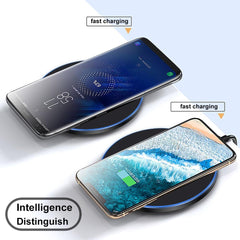 Two smartphones on wireless charging pads with text indicating fast charging and intelligence.