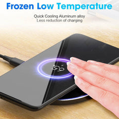 Wireless charging pad with hand touching it on a wooden surface, text about frozen low temperature and quick cooling.