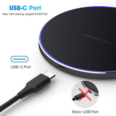 Black wireless charger with USB-C port and cable on a white background