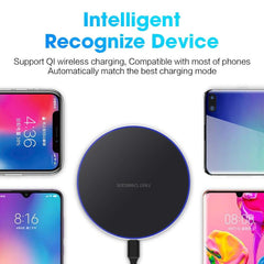 Wireless charging pad with smartphones displaying different times on a white background