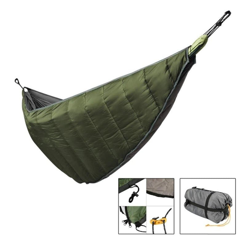 Green and gray camping hammock with carrying bag on a white background