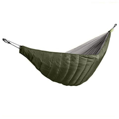 Green and gray hammock with carabiners on a white background