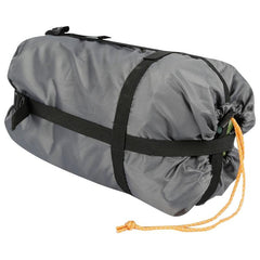 Gray carrying bag with black straps and a yellow drawstring on a white background
