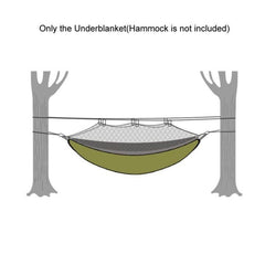 Hammock with underblanket draped over it, hanging between two trees on a white background.