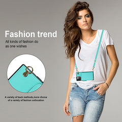 Woman wearing a turquoise phone case with text about fashion trends and product features.