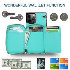 Turquoise wallet with compartments for cards, money, and keys on a white background