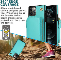 Turquoise phone case with 360-degree edge coverage feature, showing phone and person walking on a trail.