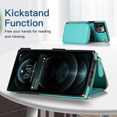 Turquoise phone case with kickstand function on a white surface