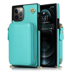 Turquoise phone case with a zipper pocket on a white background