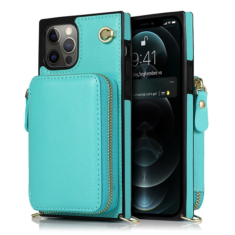 Turquoise phone case with a zipper pocket on a white background