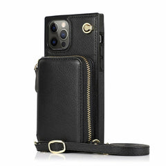 Black phone case with zipper and strap on a white background
